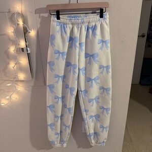 HappyCamp3r Bow Print Joggers Coquette Sweatpants Cream Blue Size Small